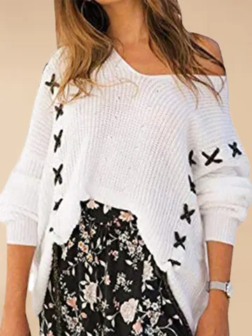 Pull Tricoté Manches Longues Col V Décontracté pour Femme Couleur Unie Haut Ample Automne Hiver