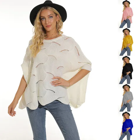 Women's Fashion Hollow Batwing Sleeve Knitted Sweater Casual Loose Pullover Crew Neck Solid Color Long Sleeve Knitwear Top