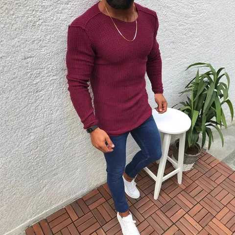 Men's Casual Slim Fit Crew Neck Long Sleeve Waffle Knit Pullover Sweater