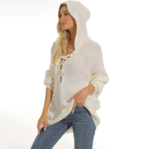 Women Casual Solid Color Long Sleeve Hooded Lacing Acrylic Sweater Basic Pullover Knit Top Winter Autumn Fashion Clothing