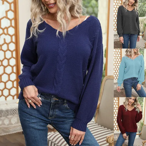 Pull Décontracté à Col V et Manches Longues en Tricot Tressé pour Femmes Couleur Unie Élégant Tops d'Hiver