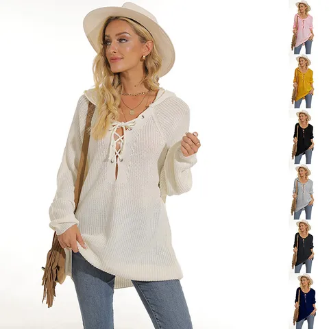 Women Casual Solid Color Long Sleeve Hooded Lacing Acrylic Sweater Basic Pullover Knit Top Winter Autumn Fashion Clothing