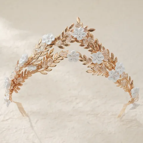 Diadème Nuptial en Pâte Polymère Fait Main Style Mori Branche De Feuille d'Or Couronne De Cheveux De Mariage Pour Mariée Femme Bijoux