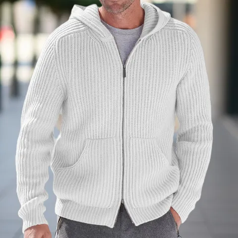 Cardigan in Maglia Casual da Uomo Tinta Unita Manica Lunga Giacca Maglione con Cappuccio Capospalla Invernale Caldo