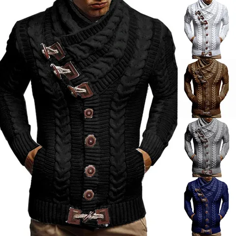 Cardigan Suéter de Invierno para Hombre Cuello Alto Slim Fit Casual Patrón de Trenza Botones Manga Larga