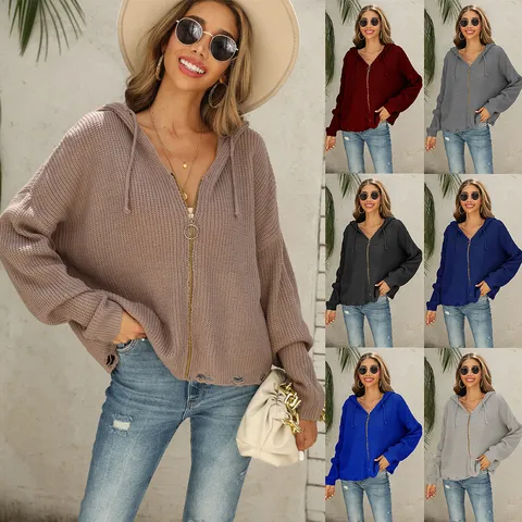 Women Casual Hooded Ripped Knitted Cardigan Sweater Long Sleeve Open Front Streetwear Outerwear Top
