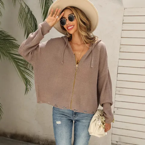 Women Casual Hooded Ripped Knitted Cardigan Sweater Long Sleeve Open Front Streetwear Outerwear Top