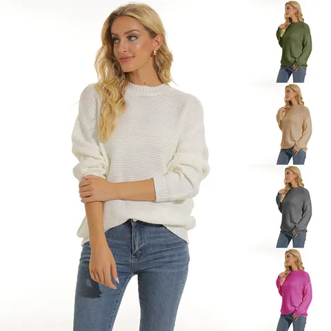 Donne Casual Tinta Unita Manica Lunga Girocollo Maglione Lavorato A Maglia Vestibilità Larga Autunno Inverno Moda Maglieria