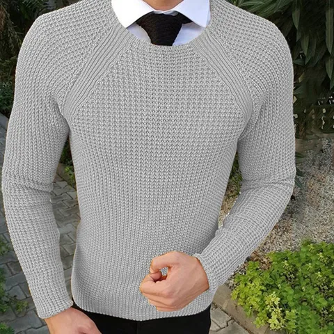 Herren Casual Einfarbig Rundhals Langarm Waffelstrick Pullover Winter Slim Fit Mode Strickware