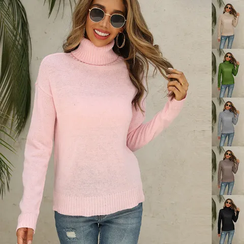 Pull-over en Tricot à Manches Longues et Col Roulé Couleur Unie pour Femmes Décontracté Basic Automne Hiver Haut Élégant Commutage