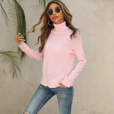 Pull-over en Tricot à Manches Longues et Col Roulé Couleur Unie pour Femmes Décontracté Basic Automne Hiver Haut Élégant Commutage