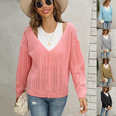 Femmes Décontracté Couleur Unie Col en V Manches Longues Ajouré Tricoté Cardigan Pull Élégant Commuter Automne Hiver Tricots