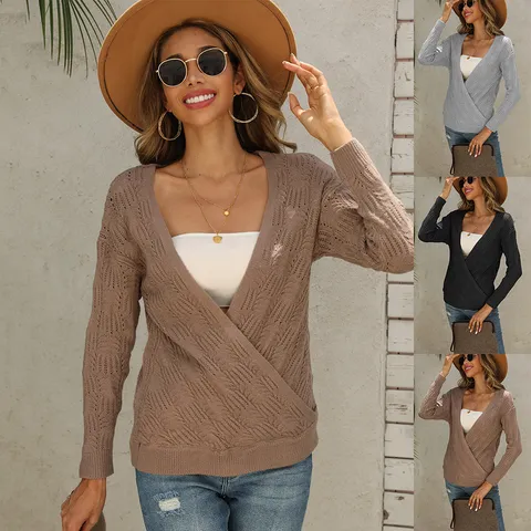 Women's Sexy Hollow Out Knit Sweater Casual Long Sleeve V-Neck Solid Color Pullover Top Fashion Streetwear