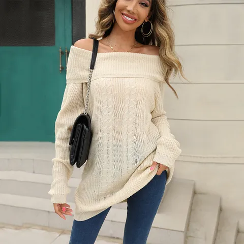Women Casual Off Shoulder Long Sleeve Pullover Solid Color Acrylic Knit Sweater Autumn Winter Fashion Apparel