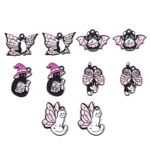 Halloween Cartoon Cat Pendant Zinc Alloy Drip Oil Pink Butterfly Wings Bat Magic Cat DIY Jewelry Accessories Necklace Keychain Charm