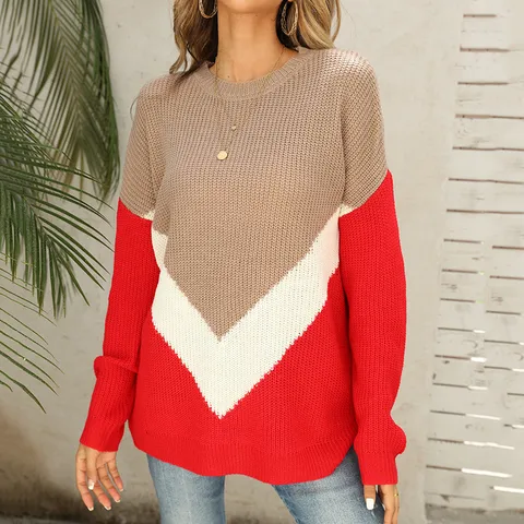 Women's Casual Color Block Striped Knit Sweater Long Sleeve Drop Shoulder Pullover Fall Winter Acrylic Fashion Top