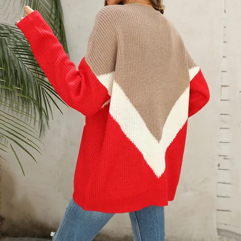 Women's Casual Color Block Striped Knit Sweater Long Sleeve Drop Shoulder Pullover Fall Winter Acrylic Fashion Top