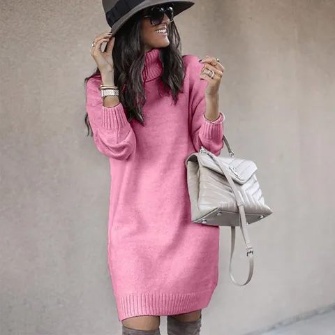 Damen Langer Rollkragenpullover Kleid Einfarbig Strickwaren Eleganter Lässiger Langarm Lockere Passform Weiches Acryl Top