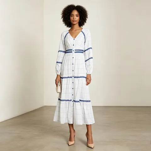 Mujer Manga Larga Cuello en V Botonadura Simple Cuadros Estampado Volantes Vestido Largo Vestido Casual Mori Niña