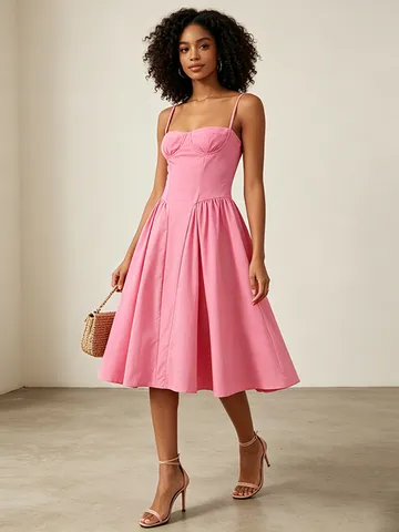 French Style Solid Color High Waist Ruffle Midi Dress Women Sleeveless Low Cut Slim Fit Summer Dress