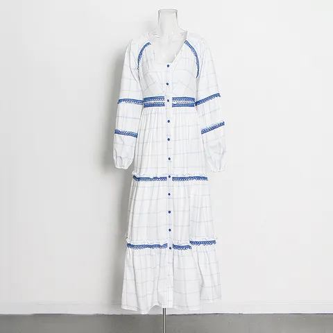 Mujer Manga Larga Cuello en V Botonadura Simple Cuadros Estampado Volantes Vestido Largo Vestido Casual Mori Niña