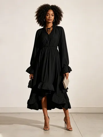 Robe Longue pour Femmes Style Palais Rétro Français à Manches Courtes Taille Châle Plissée à Volants Couleur Unie Élégante