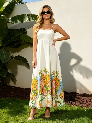 Vestido Maxi de Tirantes con Estampado Floral Estilo Pastoral para Mujer Dulce de Cintura Alta Sin Mangas Línea A para Verano