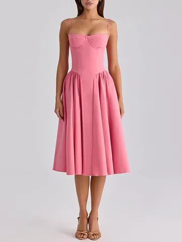 French Style Solid Color High Waist Ruffle Midi Dress Women Sleeveless Low Cut Slim Fit Summer Dress