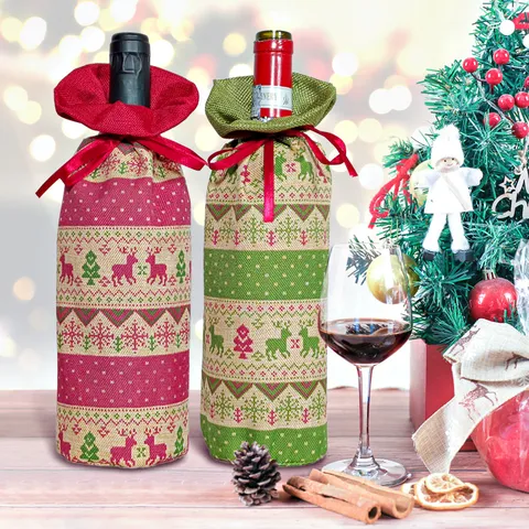 Weihnachten Segeltuch Weinflaschenbeutel Jute Rentier Schneeflocke Muster Kordelzug Weinbeutel Für Feiertag Party Deko Geschenk