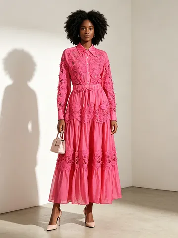 Women Elegant Lapel Embroidered Hollow Out Shirt And Drawstring Maxi Skirt Top And Bottom Set Floral Embroidery Casual Suits