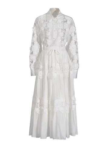 Women Elegant Lapel Embroidered Hollow Out Shirt And Drawstring Maxi Skirt Top And Bottom Set Floral Embroidery Casual Suits