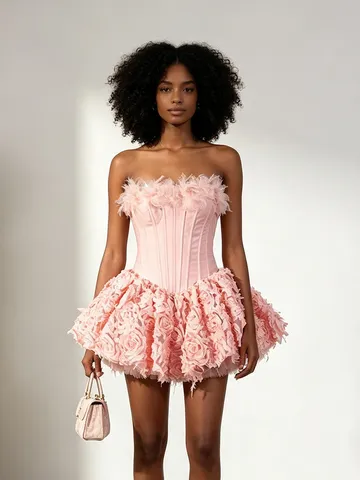 Robe Bouffante Bustier Vintage Français pour Femmes Élégant Corset Coupe Ajustée Mini Robe de Soirée Décoration Fleurs 3D Été