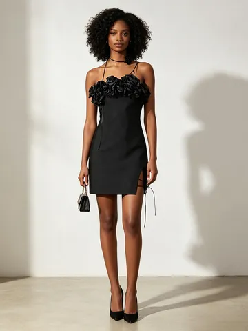 Elegante Vestido Corto Ajustado Con Cuello Halter Y Abertura Mini Dress Con Flor 3D Sin Mangas Verano Mujer Fiesta Gala