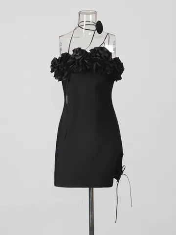 Elegante Vestido Corto Ajustado Con Cuello Halter Y Abertura Mini Dress Con Flor 3D Sin Mangas Verano Mujer Fiesta Gala