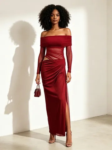 Women Sexy Off Shoulder Long Sleeve Sheer Mesh Bodycon Maxi Dress Pleated Solid Color Evening Party Long Dress