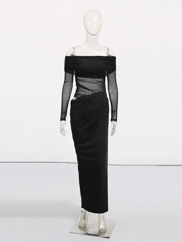 Women Sexy Off Shoulder Long Sleeve Sheer Mesh Bodycon Maxi Dress Pleated Solid Color Evening Party Long Dress