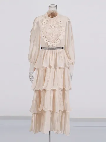 Robe Longue Vintage à Volants pour Femmes Élégante Manches Longues Broderie Taille Haute Slim Fit Maxi Robe Fête Décontractée