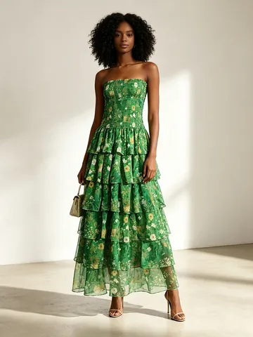 Vestido Maxi Largo Elegante de Vacaciones de Verano para Mujer Estilo Pastoral Dulce Estampado Floral Sin Tirantes Volantes En Capas