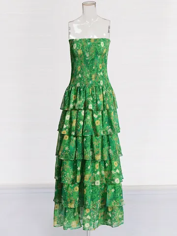 Vestido Maxi Largo Elegante de Vacaciones de Verano para Mujer Estilo Pastoral Dulce Estampado Floral Sin Tirantes Volantes En Capas