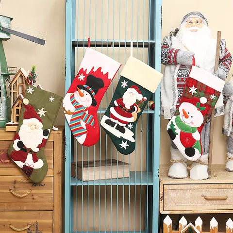 Large Embroidered Christmas Stocking Retro Festive Gift Bag Fireplace Christmas Tree Hanging Decoration Santa Snowman Ornament