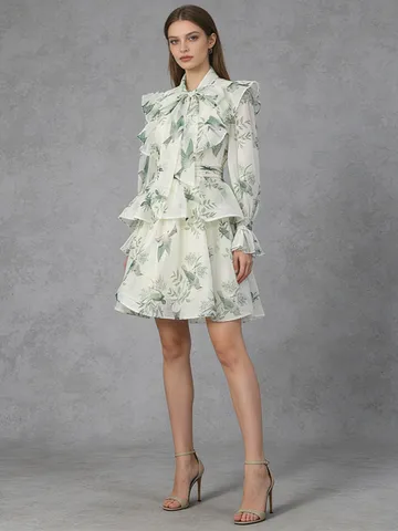 Women's Mori Style Retro Floral Long Sleeve A-Line Dress Polyester Blend Tie Neck Ruffle Short Dress For Daily Casual