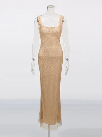 Vestido Maxi Lencero Sexy con Lentejuelas y Diamantes de Imitación para Mujer Cuello Cuadrado Espalda Descubierta Corte Ajustado Largo de Fiesta