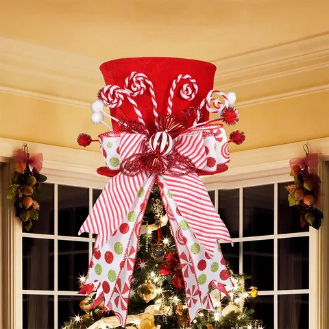 Red Velvet Christmas Tree Topper Hat With Candy Cane Bowknot Polka Dot Ribbons Festival Home Decor Christmas Ornament Hat