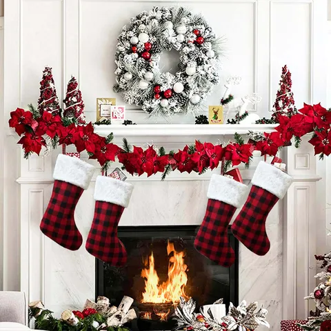 Χριστουγεννιάτικη Κάλτσα Buffalo Plaid Με Λούτρινο Τελείωμα Καρό Τσάντα Δώρου Κρεμαστό Στολίδι για Τζάκι και Γιορτή