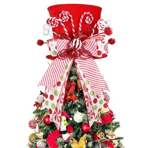 Red Velvet Christmas Tree Topper Hat With Candy Cane Bowknot Polka Dot Ribbons Festival Home Decor Christmas Ornament Hat