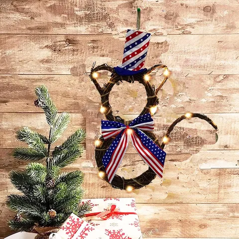 Patriotic Cat Shaped Rattan Wreath With LED Lights Independence Day Stars And Stripes Hat Bow Front Door Wall Hanging Decor
