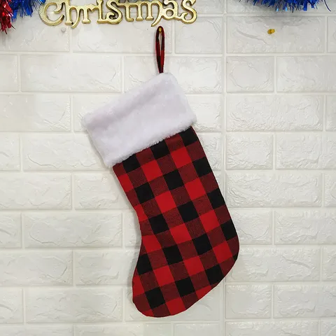 Χριστουγεννιάτικη Κάλτσα Buffalo Plaid Με Λούτρινο Τελείωμα Καρό Τσάντα Δώρου Κρεμαστό Στολίδι για Τζάκι και Γιορτή