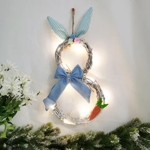 Decoración de Pascua Tela Ratán Corona de Conejo Con Luz LED Guirnalda Colgante de Puerta para Decoración de Fiesta de Hogar