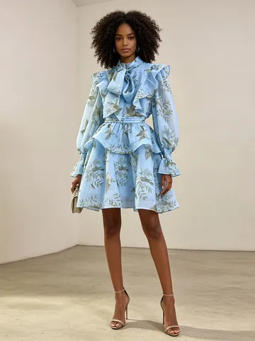 Women's Mori Style Retro Floral Long Sleeve A-Line Dress Polyester Blend Tie Neck Ruffle Short Dress For Daily Casual