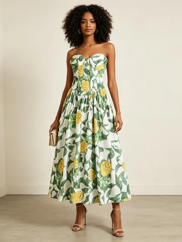 Robe Maxi Longue Sans Bretelles Imprimé Ananas Style Resort Français Femme Été Sans Manches Taille Haute